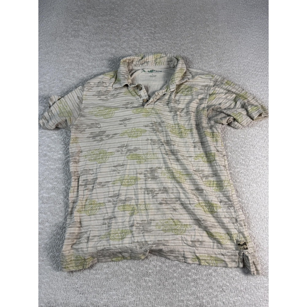 Gramicci Polo Shirt Mens‎ Large Green Paisley Striped Outdoor Casual Hiking Tan